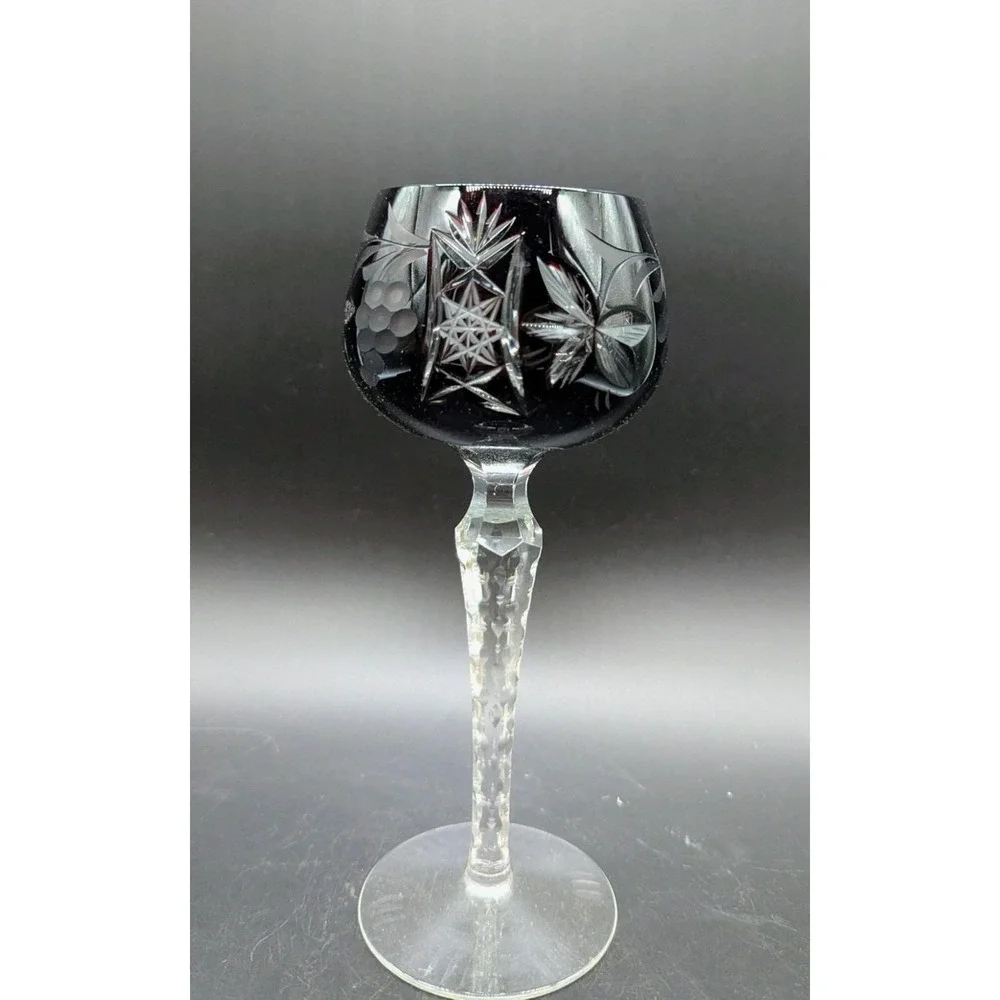 Vintage Bohemian Dark Cranberry Cut To Clear Wine Glass Stemware